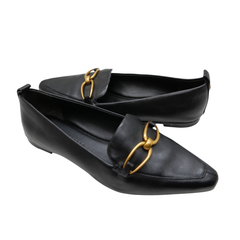 Veronica Beard Champlain Loafers 7 Black Leather Gold Horsebit Pointed Flats - Picture 4 of 8
